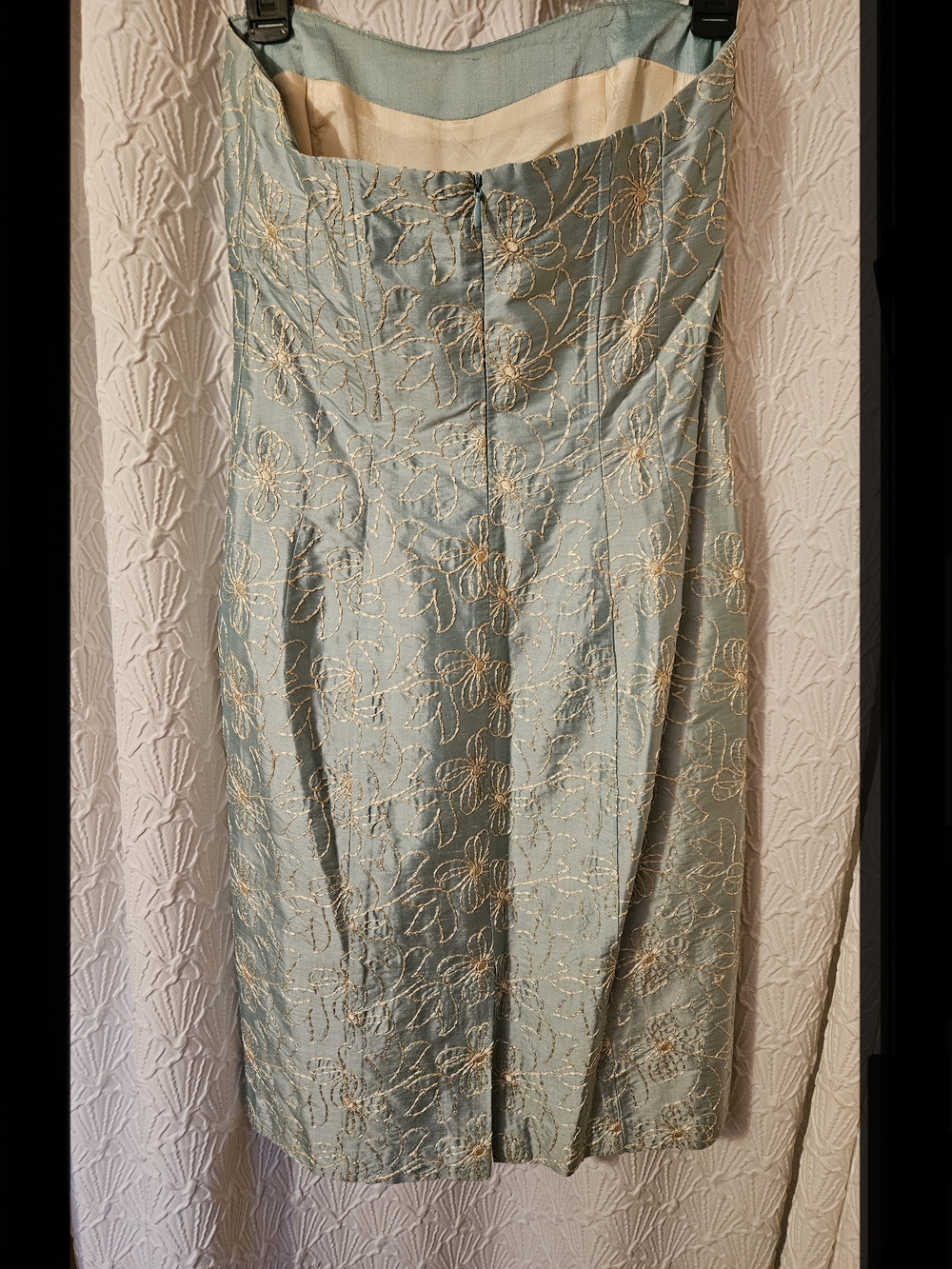 Light Blue Floral Brocade Strapless Dress - Picture 3 of 12
